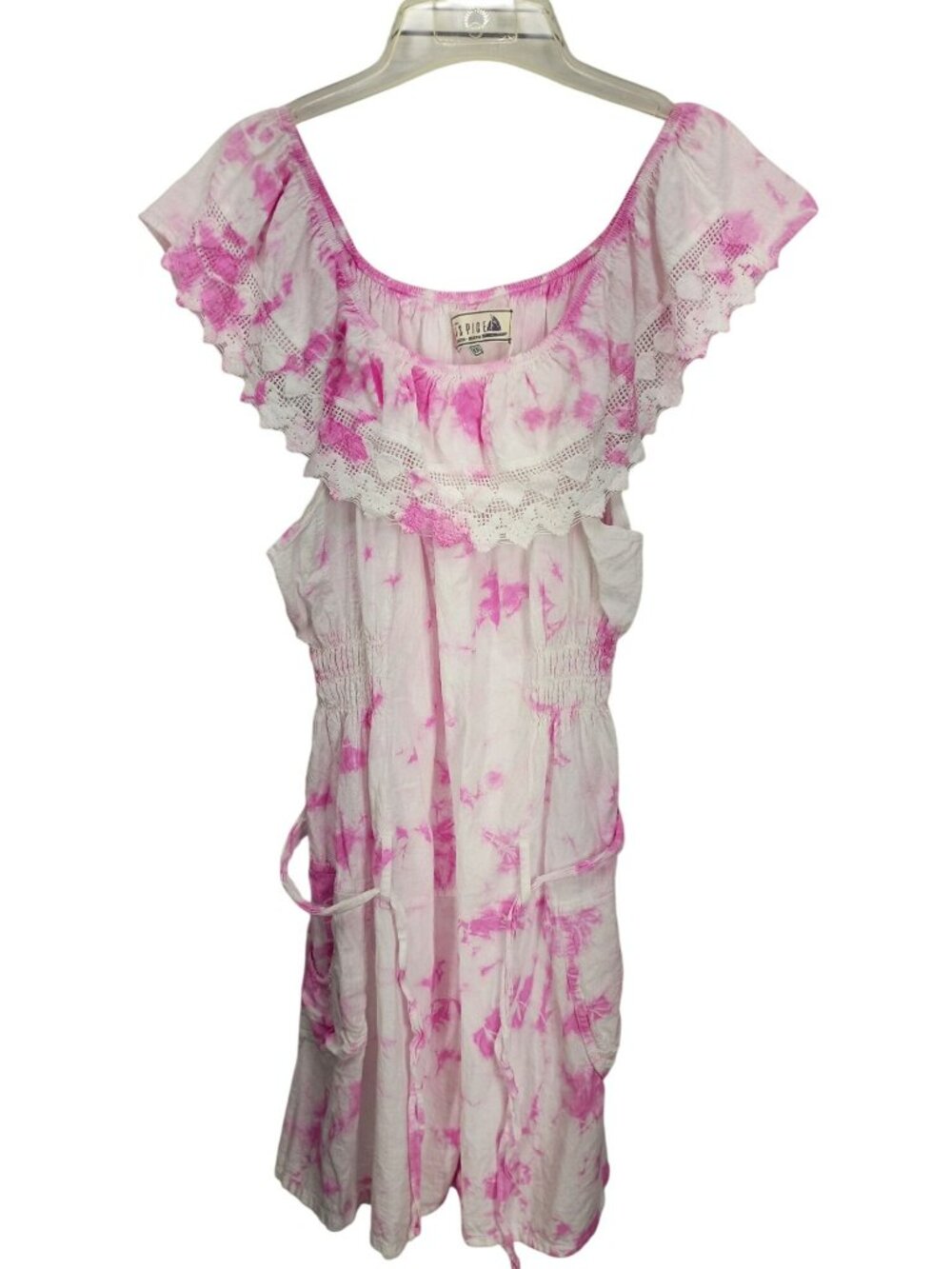 Seaspice Women Pink White Tie-Dye Off-Shoulder Dress Lace Detail XXL Resort Wear